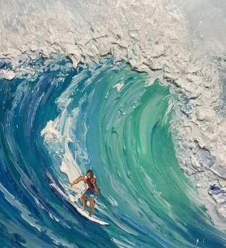 Sport Painting - Surfing sport Blue Waves by Palette Knife detail